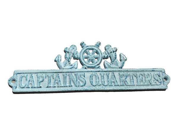 Dark Blue Whitewashed Cast Iron Captains Quarters Sign with Ship Wheel and Anchors 9"