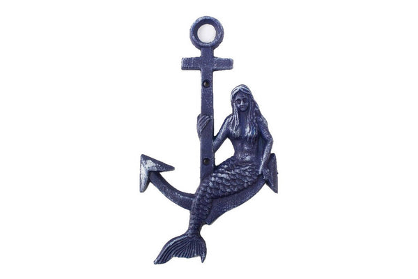 Rustic Dark Blue Cast Iron Mermaid Anchor 9"