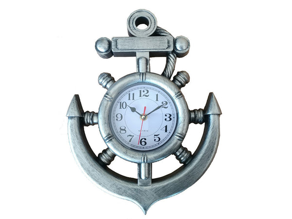 Silver Ship Wheel and Anchor Wall Clock 15"