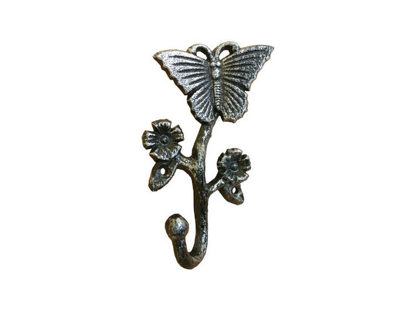Rustic Silver Cast Iron Butterfly With Flowers Hook 5"
