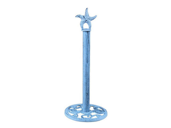 Rustic Dark Blue Whitewashed Cast Iron Starfish Extra Toilet Paper Stand 15"