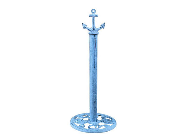 Rustic Dark Blue Whitewashed Cast Iron Anchor Extra Toilet Paper Stand 16"