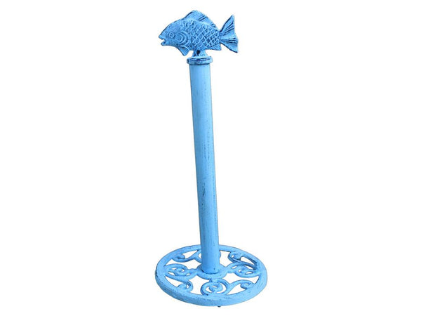 Dark Blue Whitewashed Cast Iron Fish Extra Toilet Paper Stand 15"