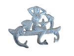 Whitewashed Cast Iron Wall Mounted Mermaid with Dolphin Hooks 9"
