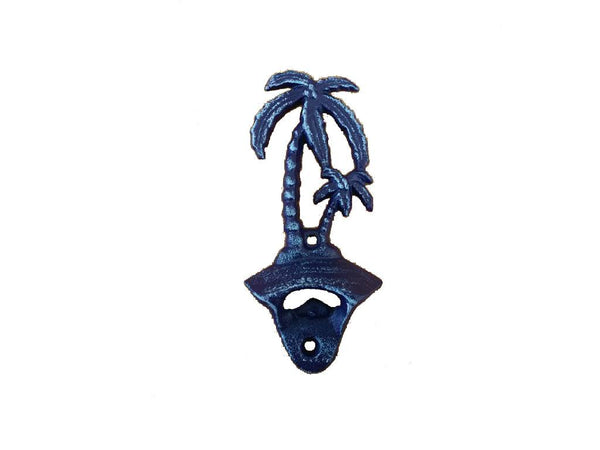 Rustic Dark Blue Cast Iron Wall Mounted Palm Tree Bottle Opener 6"