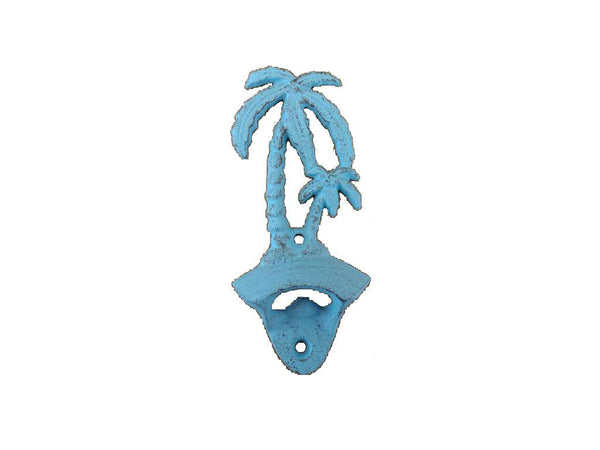 Rustic Light Blue Cast Iron Wall Mounted Palm Tree Bottle Opener 6"