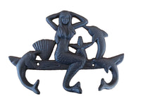 Rustic Black Cast Iron Wall Mounted Mermaid with Dolphin Hooks 9"