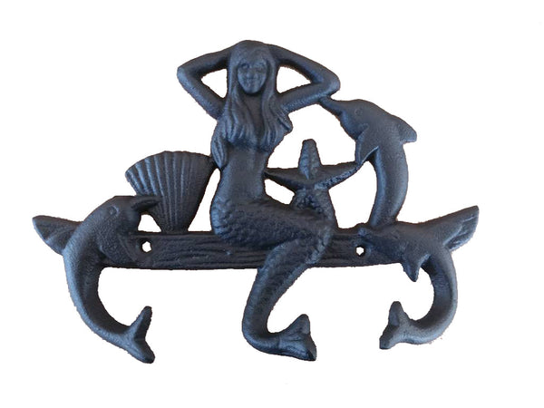 Rustic Black Cast Iron Wall Mounted Mermaid with Dolphin Hooks 9"