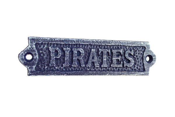 Rustic Dark Blue Whitewashed Cast Iron Pirates Sign 6"