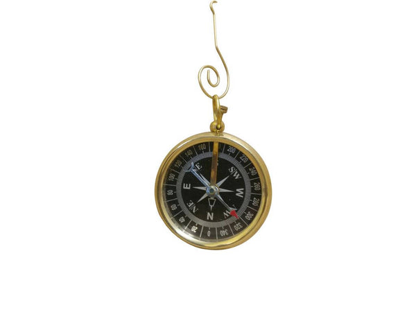 Solid Brass Beveled Black Faced Compass Christmas Ornament 5"