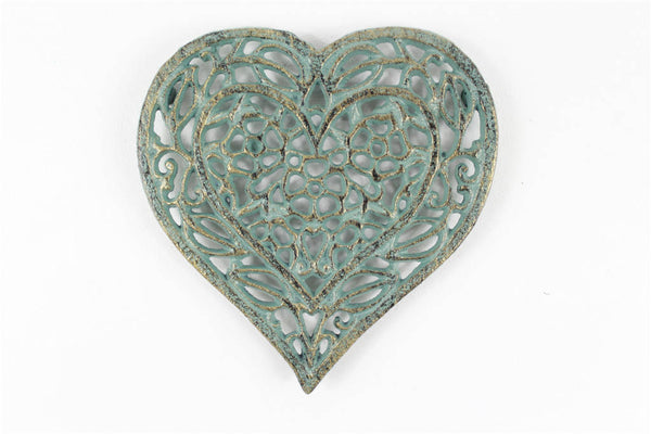 Antique Seaworn Bronze Cast Iron Heart Shaped Trivet 7"