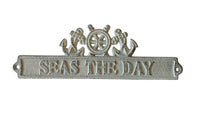 Whitewashed Cast Iron Seas the Day Sign with Ship Wheel and Anchors 9"