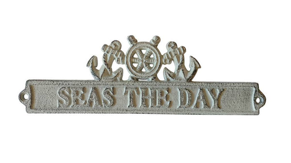 Whitewashed Cast Iron Seas the Day Sign with Ship Wheel and Anchors 9"