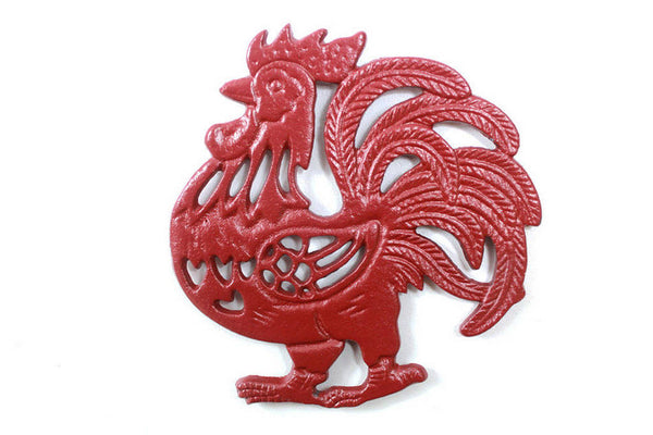 Rustic Red Cast Iron Rooster Shaped Trivet 8"