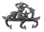 Antique Gold Cast Iron Wall Mounted Mermaid with Dolphin Hooks 9"