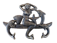 Antique Gold Cast Iron Wall Mounted Mermaid with Dolphin Hooks 9"