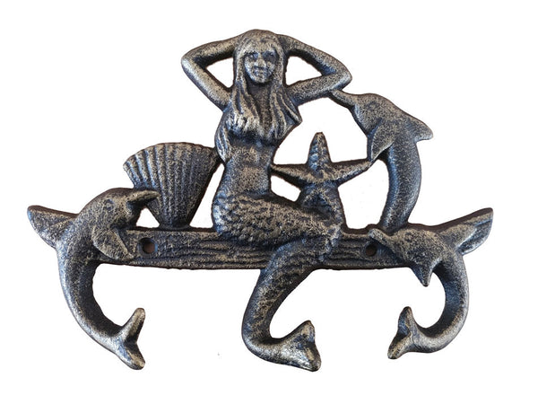 Antique Gold Cast Iron Wall Mounted Mermaid with Dolphin Hooks 9"