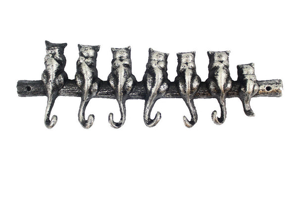 Rustic Silver Cast Iron Cat Wall Hooks 13"