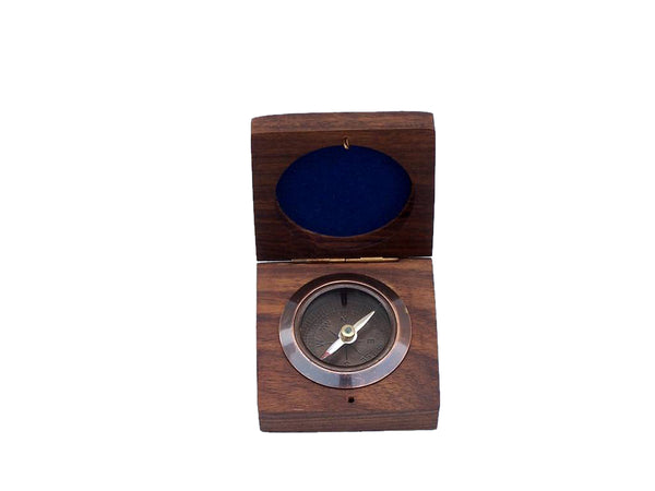 Antique Copper Desk Compass with Rosewood Box 3"