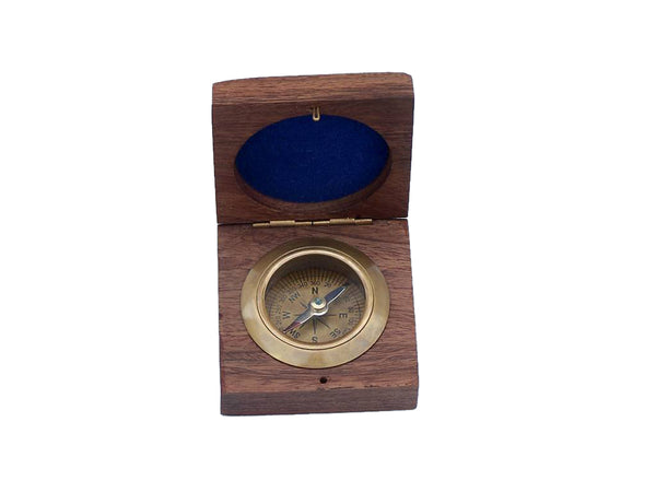 Antique Brass Desk Compass with Rosewood Box 3"