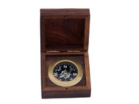 Antique Brass Black Desk Compass with Rosewood Box 3"