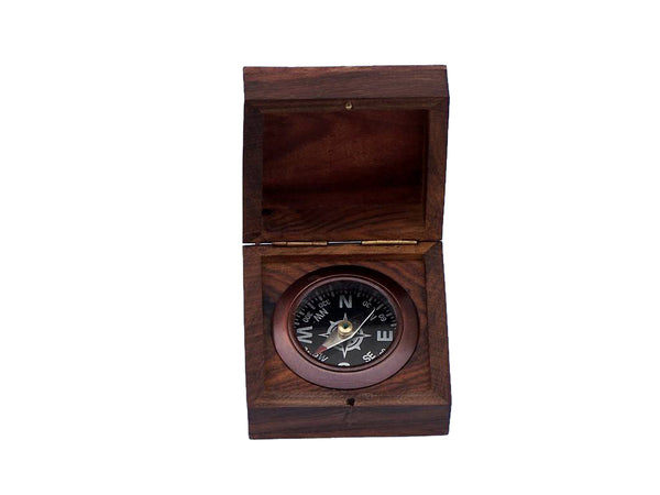 Antique Copper Black Desk Compass with Rosewood Box 3"
