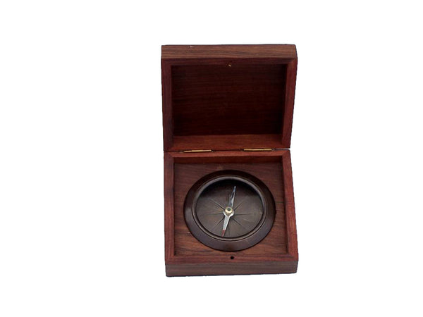 Antique Copper Captains Desk Compass with Rosewood Box 4"