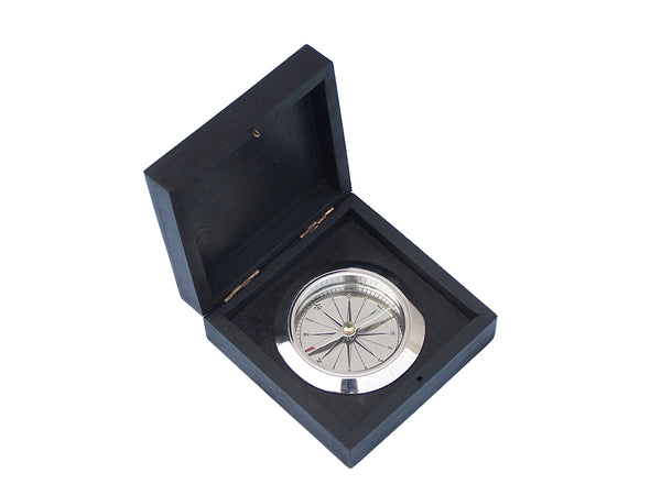 Chrome Captain's Desk Compass w/ Black Rosewood Box 4"