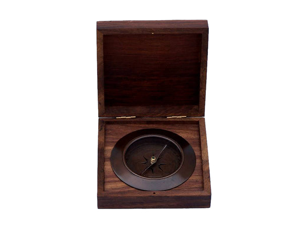Antique Copper Admirals Desk Compass with Rosewood Box 5"