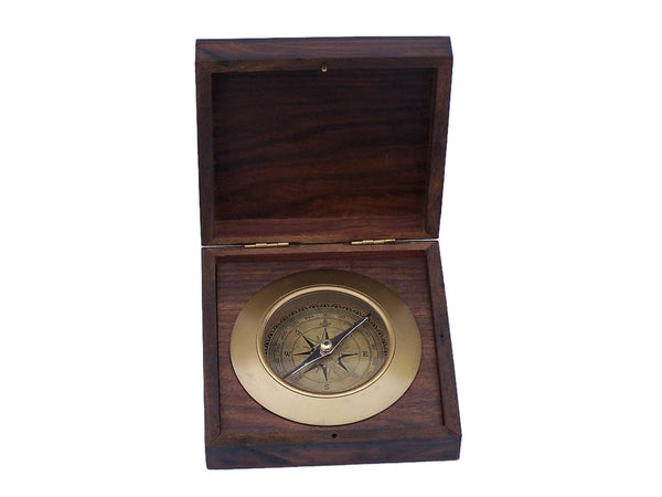 Antique Brass Admirals Desk Compass with Rosewood Box 5"