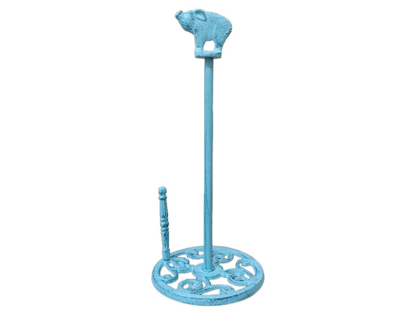 Rustic Dark Blue Whitewashed Cast Iron Pig Paper Towel Holder 15"