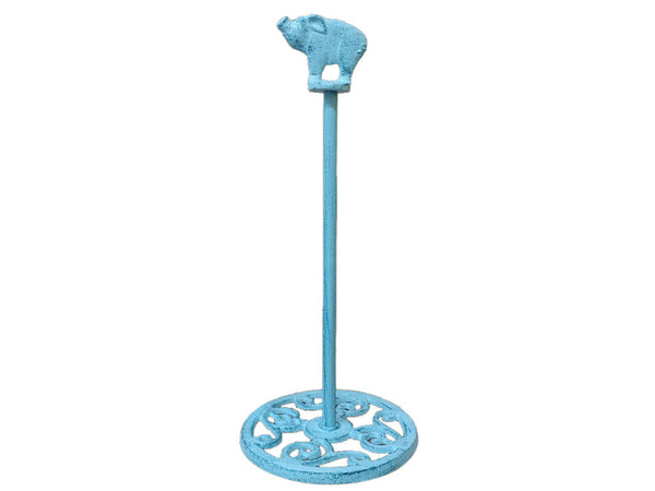 Rustic Dark Blue Whitewashed Cast Iron Pig Extra Toilet Paper Stand 15"