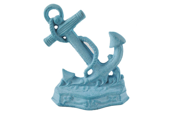 Rustic Light Blue Whitewashed Cast Iron Anchor Door Stopper 8"