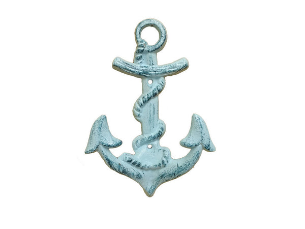 Rustic Dark Blue Whitewashed Cast Iron Anchor Hook 8"