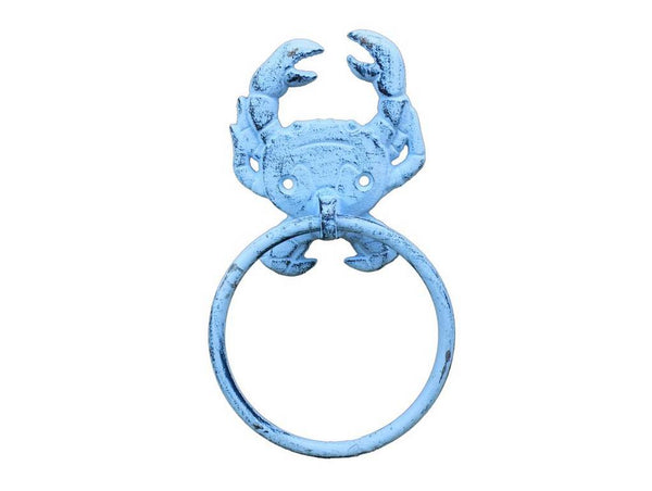 Dark Blue Whitewashed Cast Iron Crab Towel Holder 8"