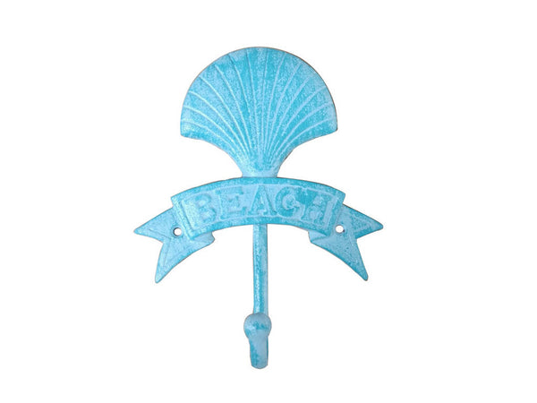 Rustic Light Blue Whitewashed Cast Iron Seashell Beach Hook 8"