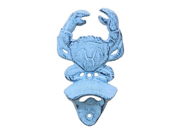 Dark Blue Whitewashed Cast Iron Wall Mounted Crab Bottle Opener 6"