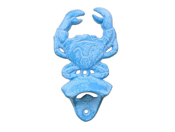 Light Blue Whitewashed Cast Iron Wall Mounted Crab Bottle Opener 6"