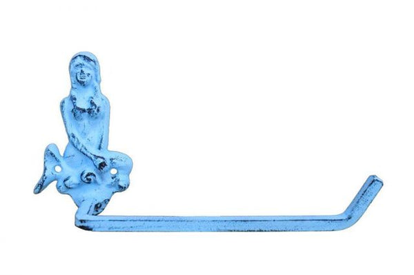 Dark Blue Whitewashed Cast Iron Mermaid Toilet Paper Holder 10"
