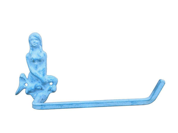 Light Blue Whitewashed Cast Iron Mermaid Toilet Paper Holder 10"