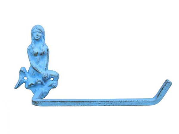 Rustic Light Blue Cast Iron Mermaid Toilet Paper Holder 10"