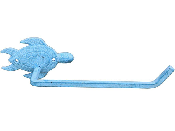 Light Blue Whitewashed Cast Iron Sea Turtle Toilet Paper Holder 10"