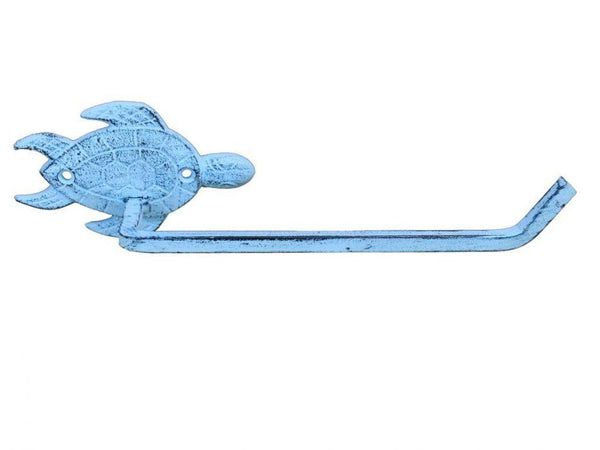 Dark Blue Whitewashed Cast Iron Sea Turtle Toilet Paper Holder 10"