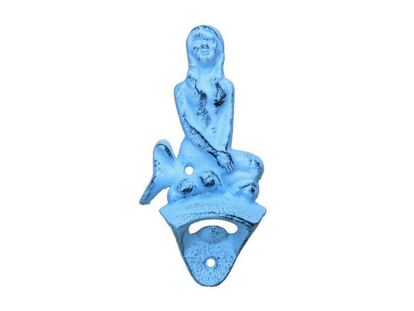 Dark Blue Whitewashed Cast Iron Wall Mounted Mermaid Bottle Opener 6"