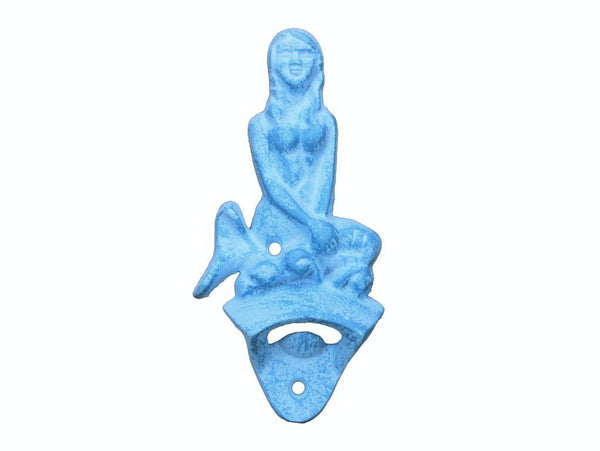 Light Blue Whitewashed Cast Iron Wall Mounted Mermaid Bottle Opener 6"