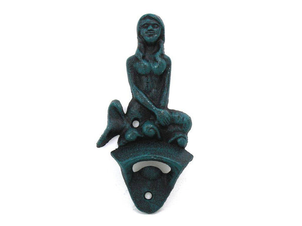 Seaworn Blue Cast Iron Wall Mounted Mermaid Bottle Opener 6"