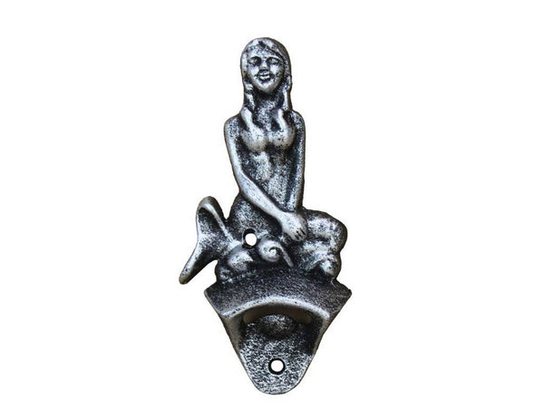 Antique Silver Cast Iron Wall Mounted Mermaid Bottle Opener 6"