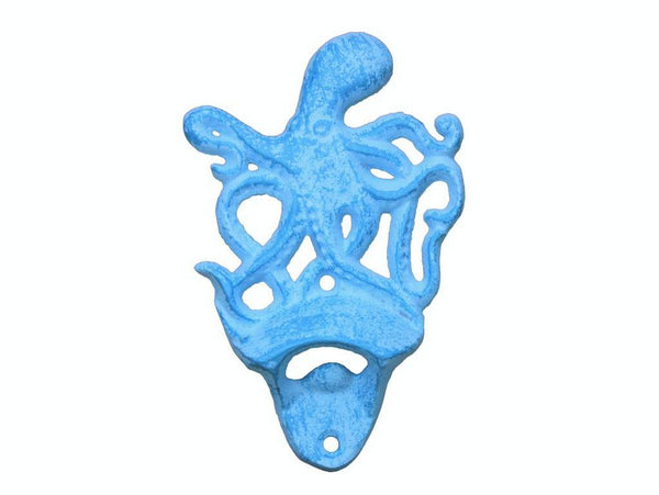 Light Blue Whitewashed Cast Iron Wall Mounted Octopus Bottle Opener 6"