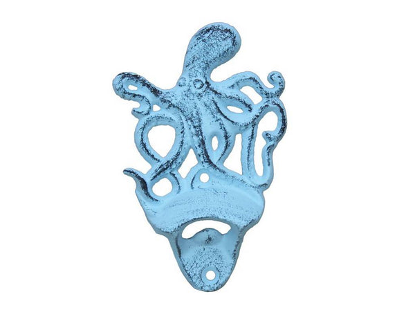 Dark Blue Whitewashed Cast Iron Wall Mounted Octopus Bottle Opener 6"