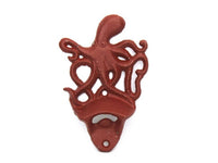 Rustic Red Cast Iron Wall Mounted Octopus Bottle Opener 6"